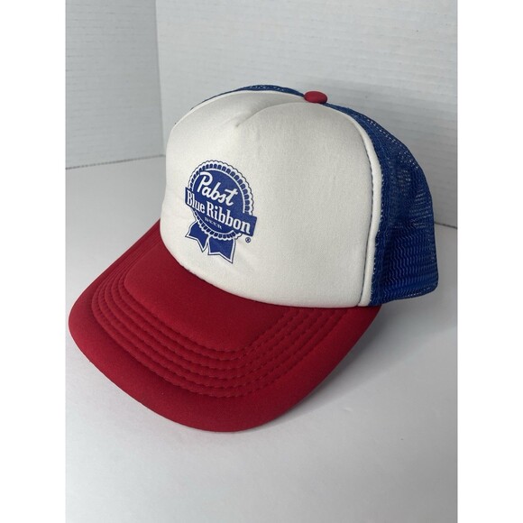 VTG PBR Pabst Blue Ribbon Red White Blue Trucker Snap Back Hat Cap Nylon Mesh - Picture 2 of 7